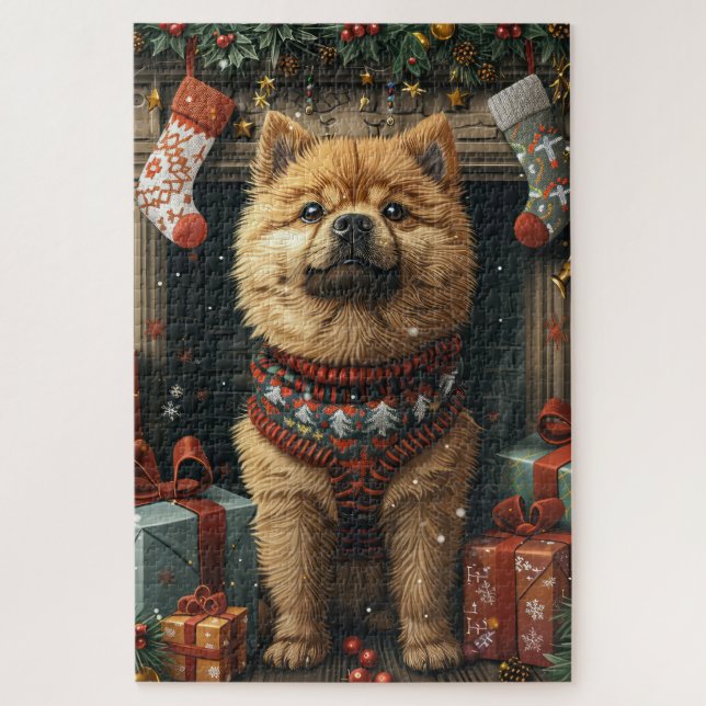 Puzzle Chien Chow Chow avec cheminée de cadeaux de Noël (Vertical)