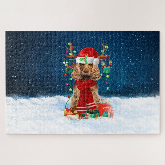 Puzzle Chien Cocker Spaniel avec cadeaux de Noël (Horizontal)