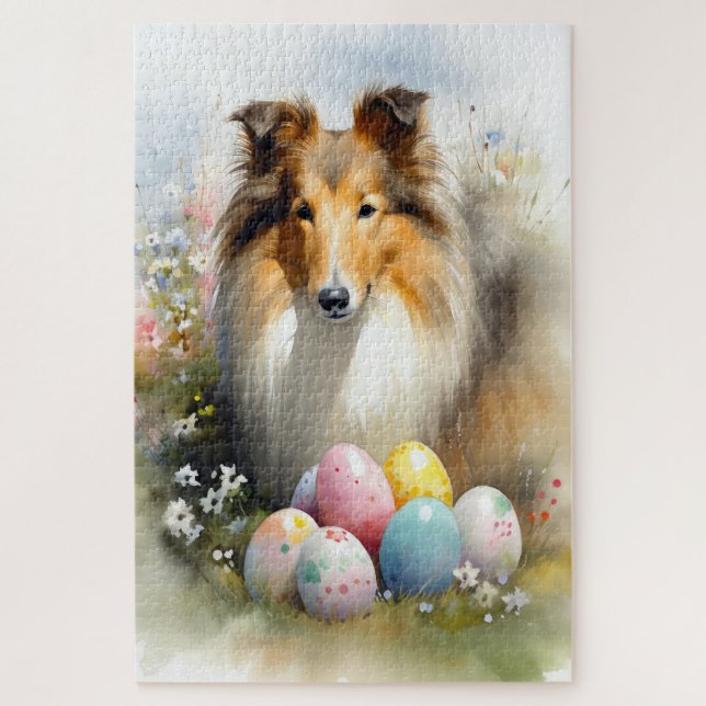 Puzzle Chien Colley Rough avec œufs de Pâques en vacances (Vertical)