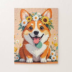 Puzzle Chien corgi joyeux couronné de marguerites et de t