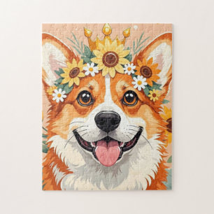 Puzzle Chien Corgi joyeux couronné de marguerites et de t
