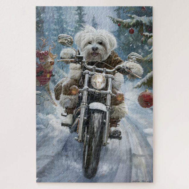 Puzzle Chien Coton De Tulear à moto Noël  (Vertical)