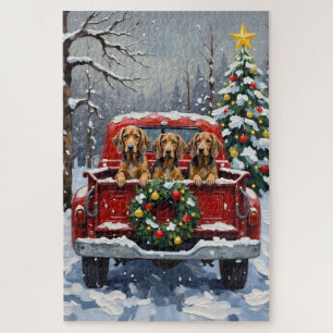 Puzzle Chien courant à pointillé bleu Noël Camion Rouge F