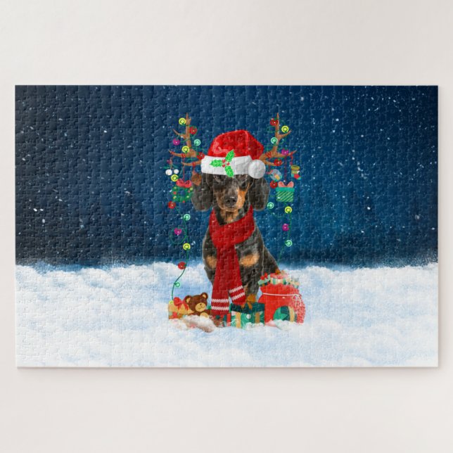 Puzzle Chien Dachshund avec cadeaux de Noël (Horizontal)