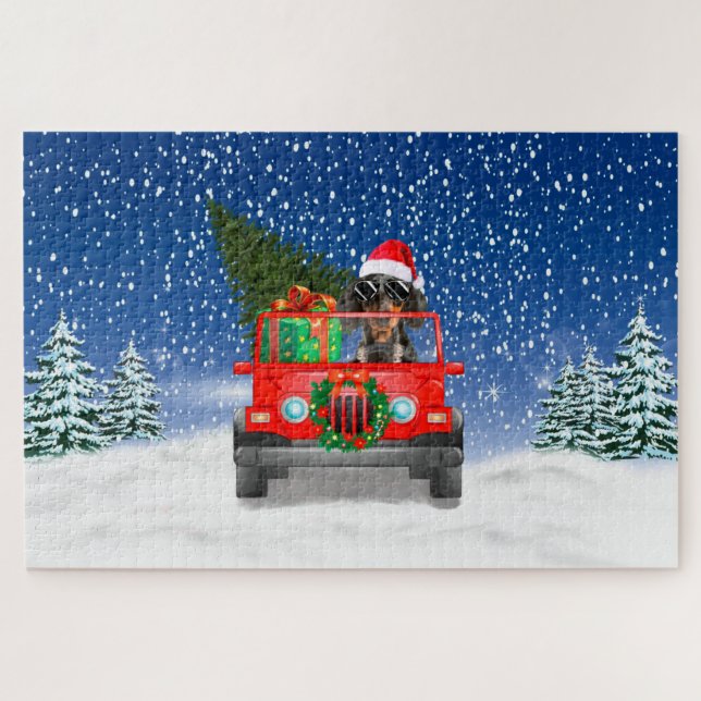 Puzzle Chien Dachshund avec cadeaux de Noël (Horizontal)