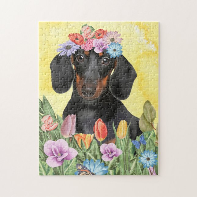 Puzzle Chien Dachshund avec ressort de fleurs (Vertical)