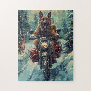 Puzzle Chien de berger belge en moto Noël