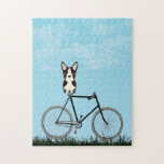 Puzzle Chien de Boston assis sur un vélo Vintage<br><div class="desc">Puzzle avec un adorable Boston Terrier assis sur une bicyclette à l'ancienne,  un jour d'été bleu.</div>