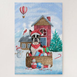 Puzzle Chien de Boston Terrier dans la neige Maison de Ch