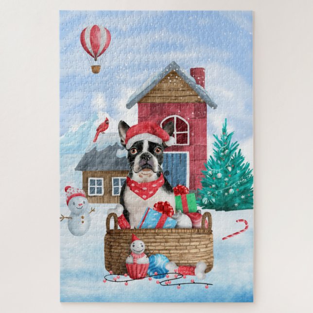 Puzzle Chien de Boston Terrier dans la neige Maison de Ch (Vertical)