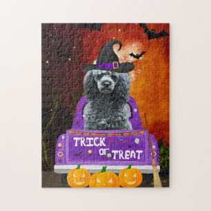 Puzzle Chien de caniche dans un camion Halloween