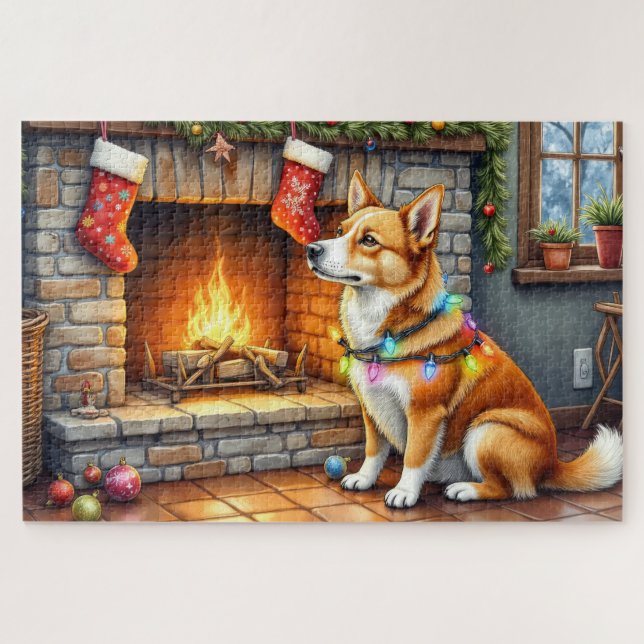 Puzzle Chien de Caroline devant une cheminée avec des lum (Horizontal)