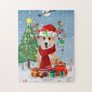 Puzzle Chien de Corgi en neige avec cadeaux de Noël