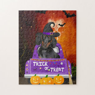 Puzzle Chien de Dachshund dans un camion Halloween