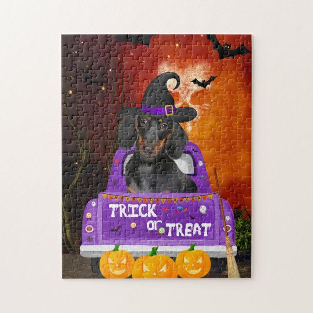Puzzle Chien de Dachshund dans un camion Halloween (Vertical)