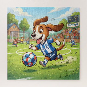 Puzzle Chien de dessin animé jouant au football ou soccer