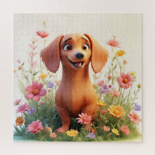 Puzzle Chien de dessin animé joyeux dans un champ de fleu