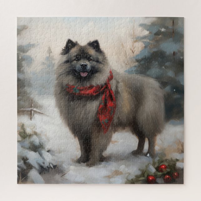 Puzzle Chien de Keeshond à Noël de neige (Vertical)