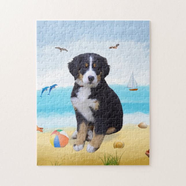 Puzzle chien de montagne bernais sur la plage (Vertical)