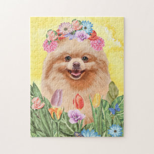 Puzzle Chien de Poméranie avec Fleurs Printemps