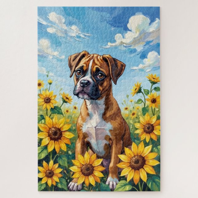 Puzzle Chien de printemps Boxer Champ de Tournesol (Vertical)