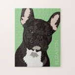 Puzzle Chien de taule français pour animal de compagnie p<br><div class="desc">Puzzle pop art français bulldog mettant en vedette une jolie frenchie noire sur un arrière - plan vert qui peut être changée en n'importe quelle couleur,  et votre nom.</div>