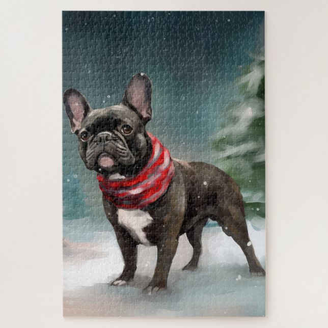 Puzzle Chien de taureau français à Noël de neige (Vertical)