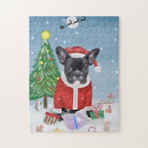 Puzzle Chien de taureau français en neige avec cadeaux de