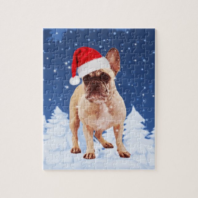 Puzzle Chien de taureau français en Noël de neige avec Sa (Vertical)