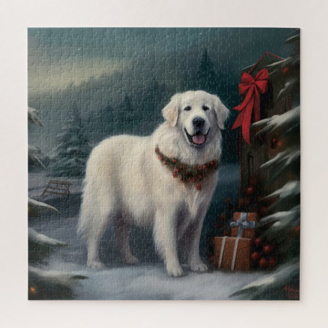 Puzzle Chien des grandes Pyrénées à Noël de neige (Vertical)