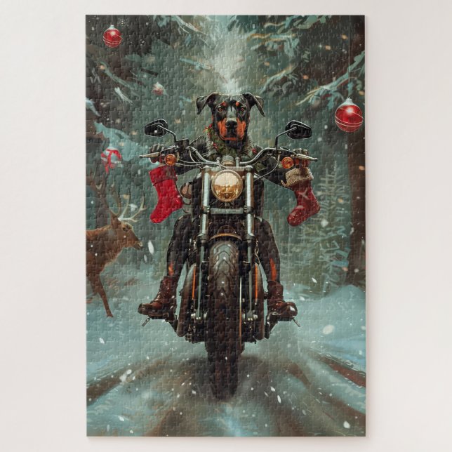 Puzzle Chien Doberman à moto Noël (Vertical)