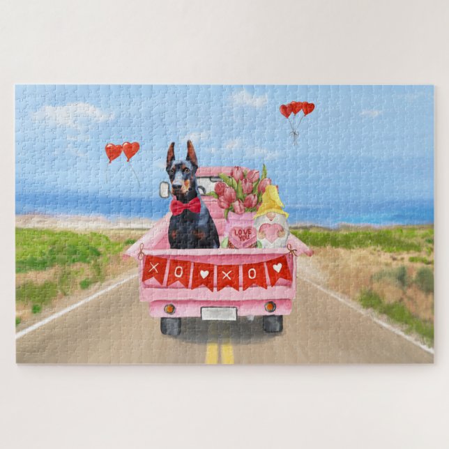 Puzzle Chien Doberman Camion de la Saint-Valentin Cœurs (Horizontal)