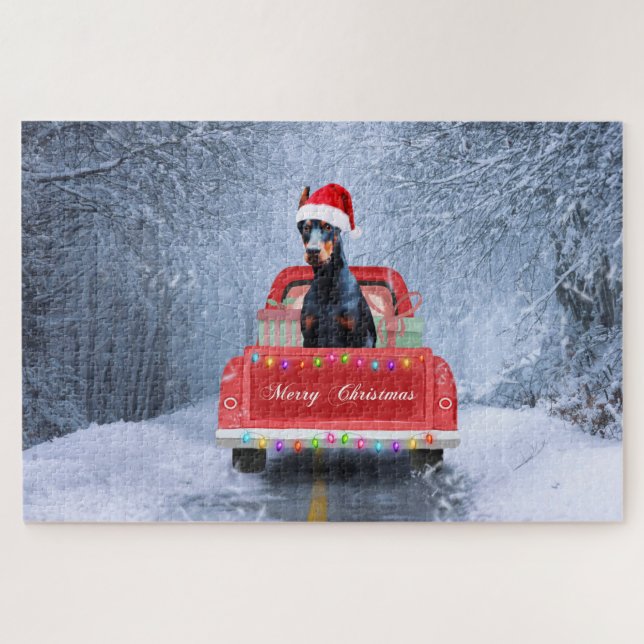 Puzzle Chien Doberman dans la neige assis dans un camion  (Horizontal)