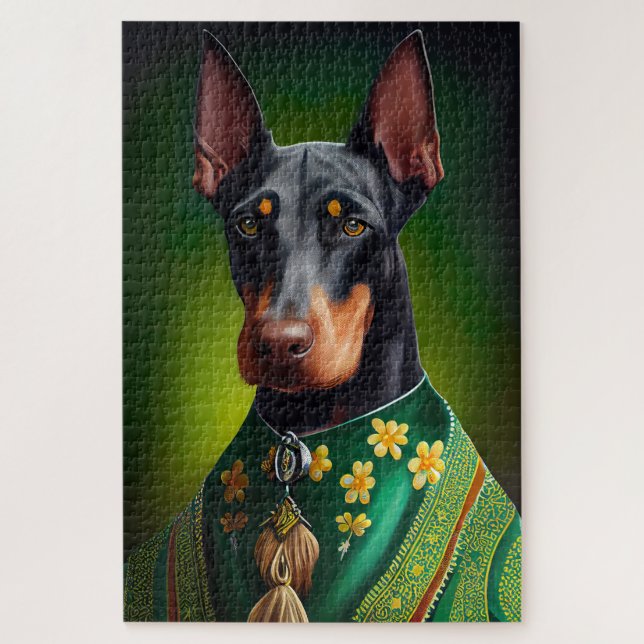 Puzzle Chien Doberman en tenue de la Saint-Patrick (Vertical)