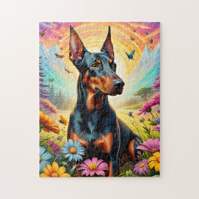 Puzzle Chien Doberman, Fleurs Et Scène De Montagne (Vertical)