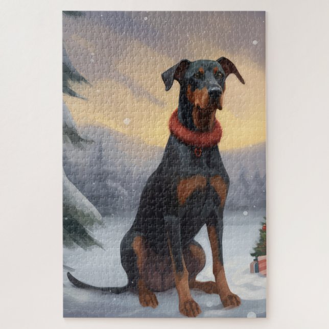 Puzzle Chien Doberman pendant Noël de neige (Vertical)