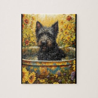 Puzzle Chien écossais dans un pot de jardin parmi les fle