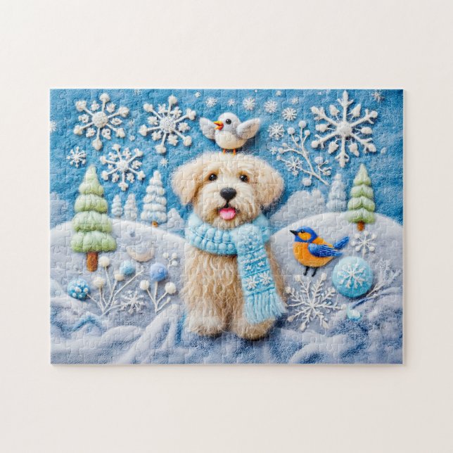 Puzzle Chien en feutre dans une scène hivernale enneigée (Horizontal)