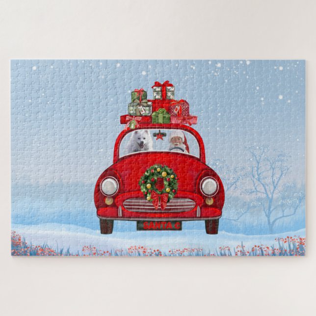 Puzzle Chien Eskimo Américain En Voiture Avec Santa Claus (Horizontal)