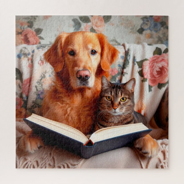 Puzzle Chien et chat lisant un livre (Vertical)