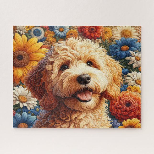 Puzzle Chien Goldendoodle Beau Avec Des Fleurs (Horizontal)