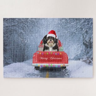 Puzzle Chien Havanais dans la neige assis dans un camion