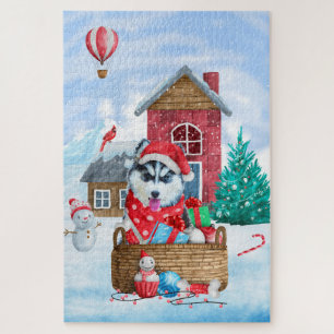 Puzzle Chien Husky Sibérien Dans Maison De Noël enneigée