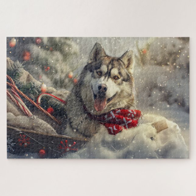 Puzzle Chien Husky Sibérien Noël Festif (Horizontal)