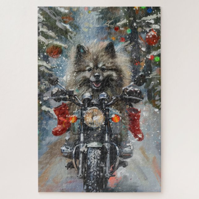Puzzle Chien Keeshond à moto de Noël (Vertical)