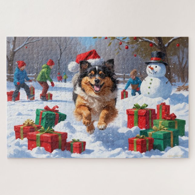 Puzzle Chien Keeshond courant dans la neige avec un chape (Horizontal)
