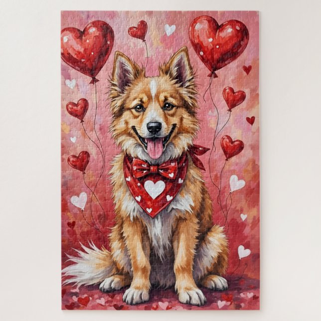 Puzzle Chien Keeshond de la Saint-Valentin assis avec des (Vertical)