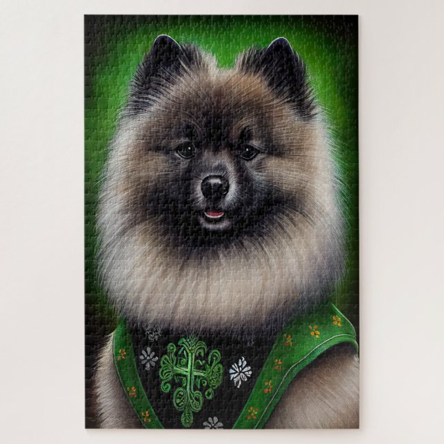 Puzzle Chien Keeshond en robe de la Saint-Patrick (Vertical)