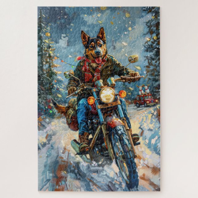 Puzzle Chien Kelpie Australien à Moto Noël (Vertical)