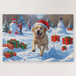 Puzzle Chien Labrador courant dans la neige avec un chape